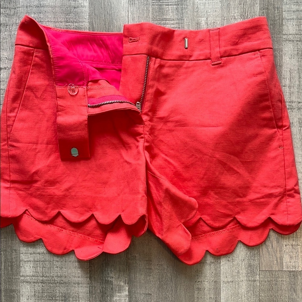 JCREW bright orange scalloped linen shorts